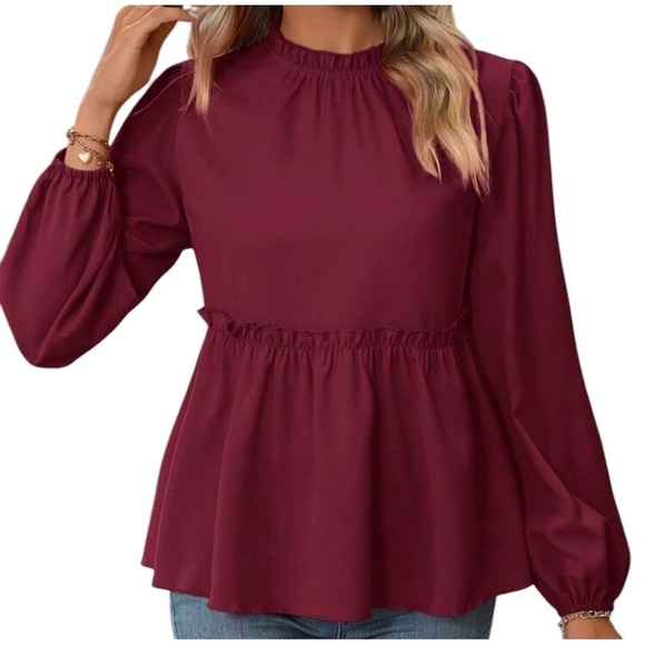 Shein Women's Maroon Blouse Long Sleeve Round Neck Ruffle Size 8/10 - Picture 3 of 9